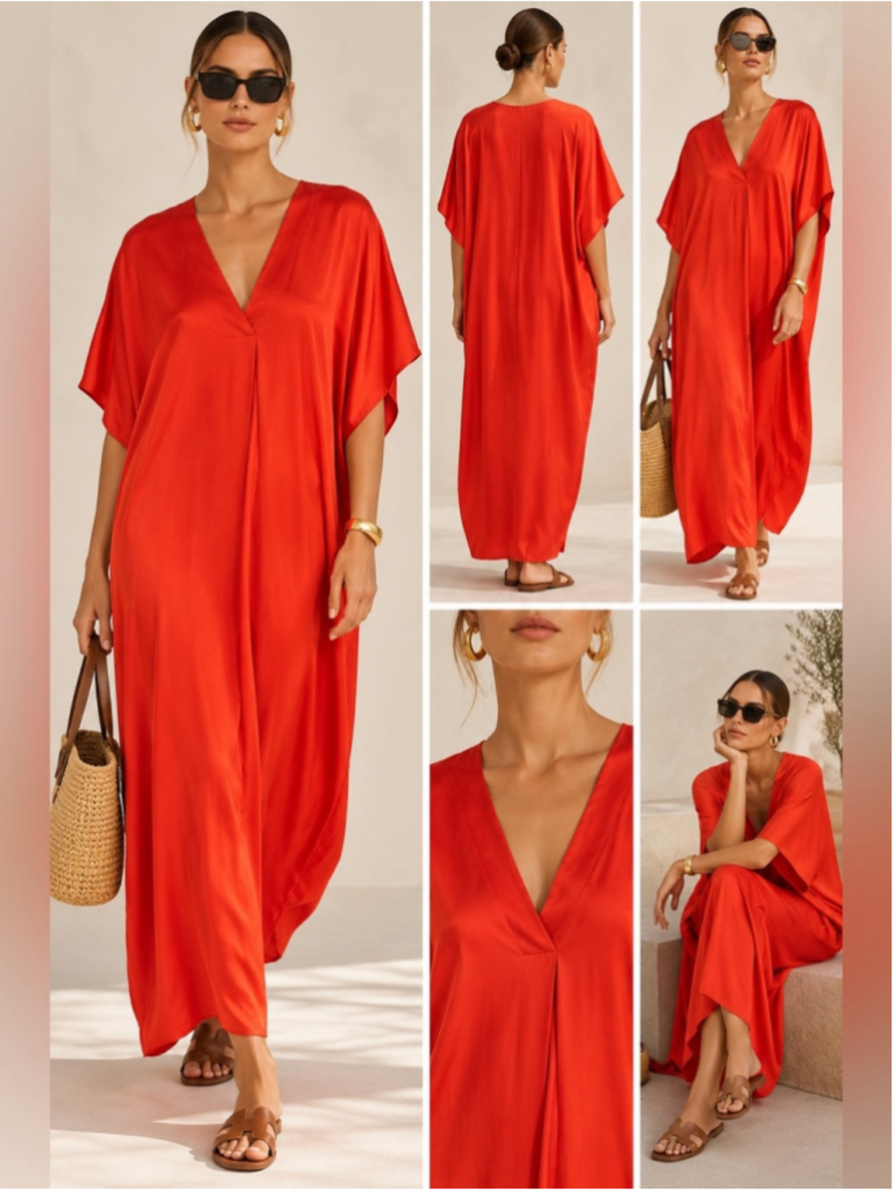 Zara Red Orange Satin Kaftan Maxi Dress Oversized One Size - Picture 2 of 8